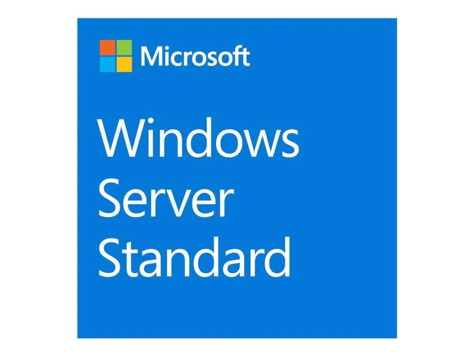 Niebieski kwadrat z logo Microsoft Windows Server Standard na białym tle.