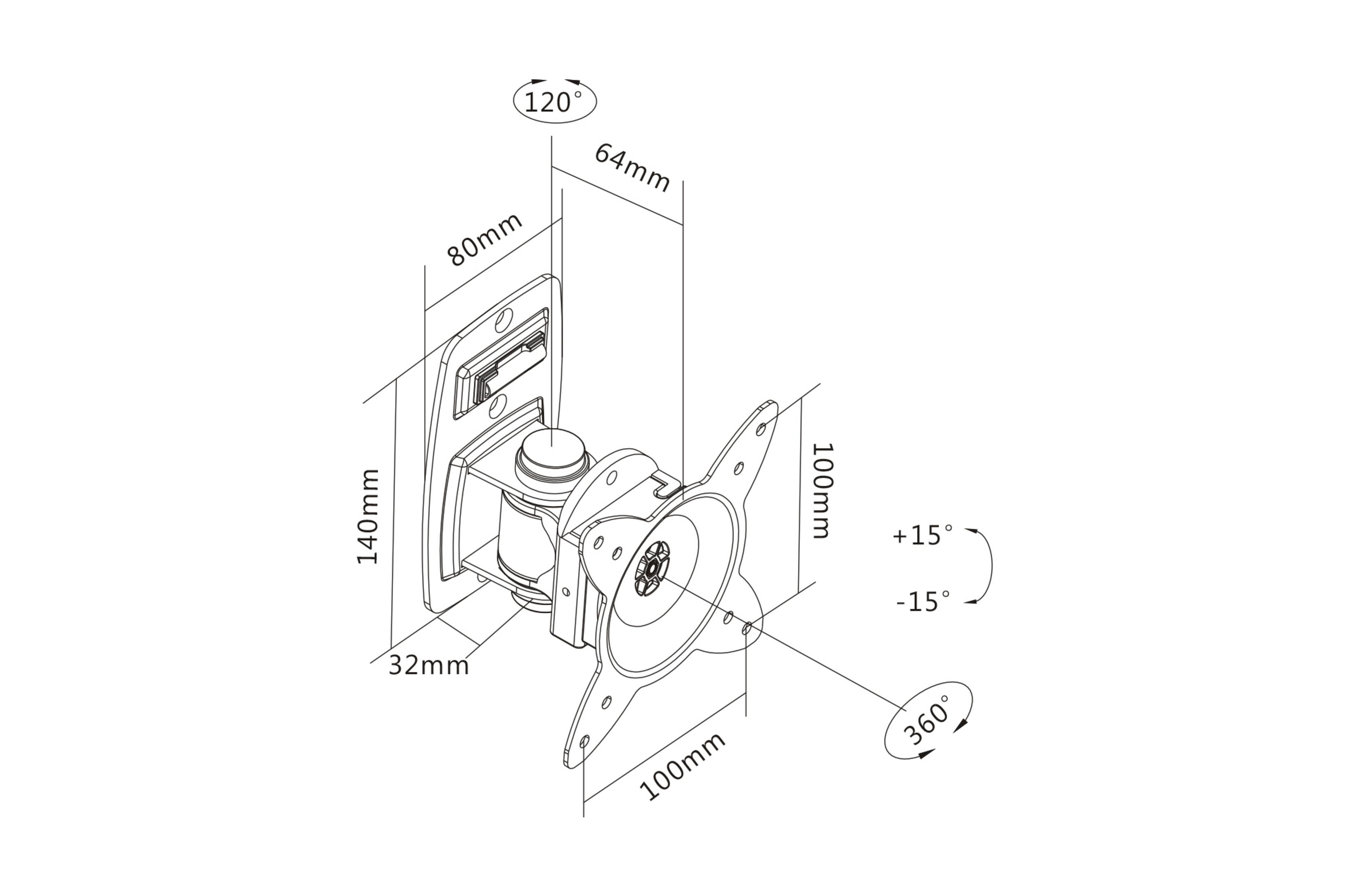 Schéma technique d'un support de moniteur, avec mesures et angles indiqués.