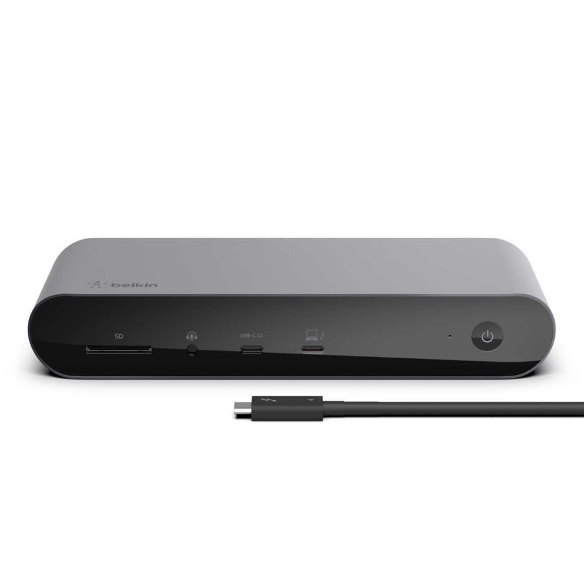 Dunkelgraue Belkin Dockingstation mit USB-C- und SD-Anschlüssen. Mit Ein-Aus-Taste. Isoliert auf Weiß.
