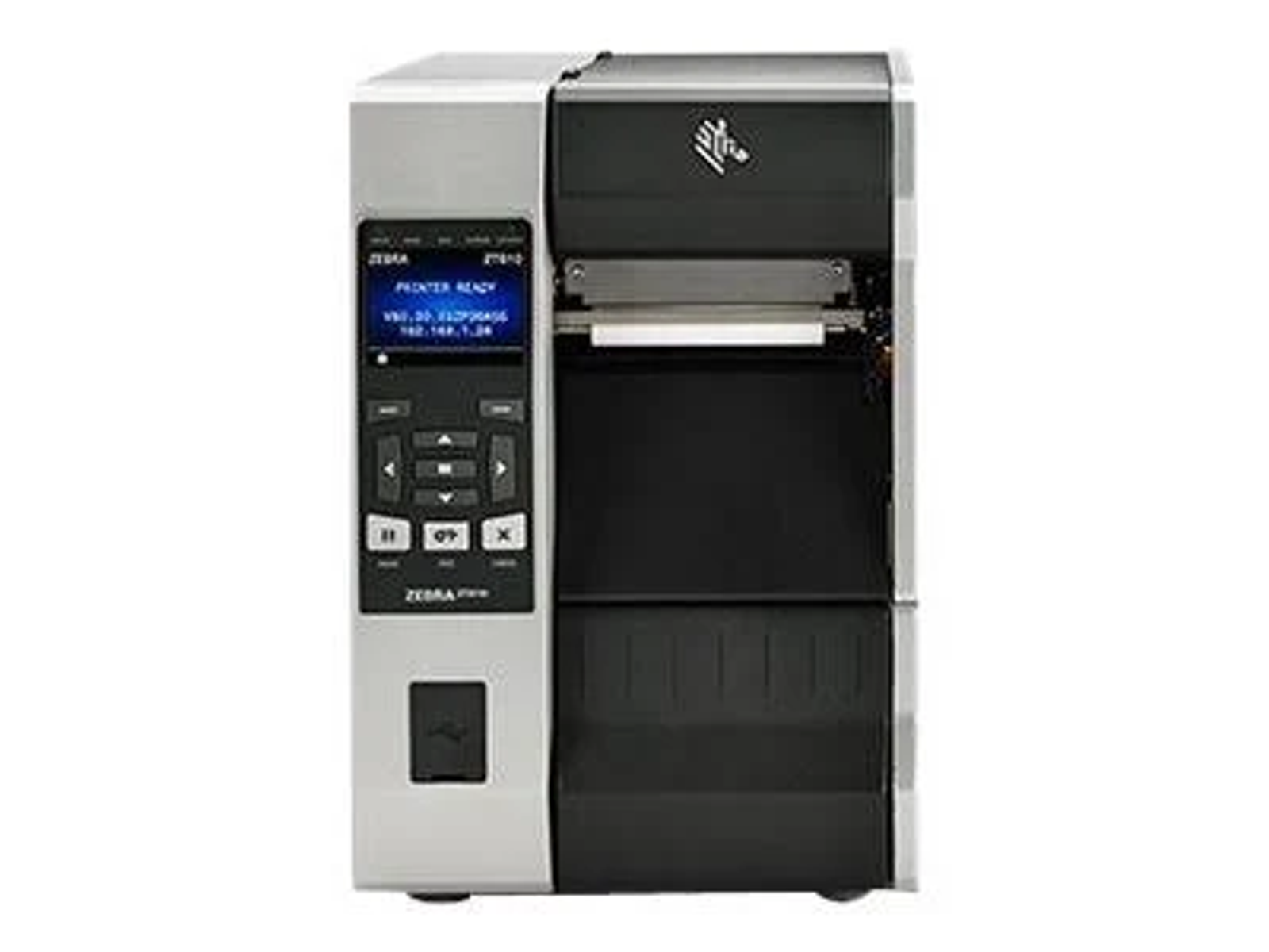Silber-schwarzer Drucker mit Bildschirm und Knöpfen. "PRINTER READY" wird angezeigt. Weißer Hintergrund.