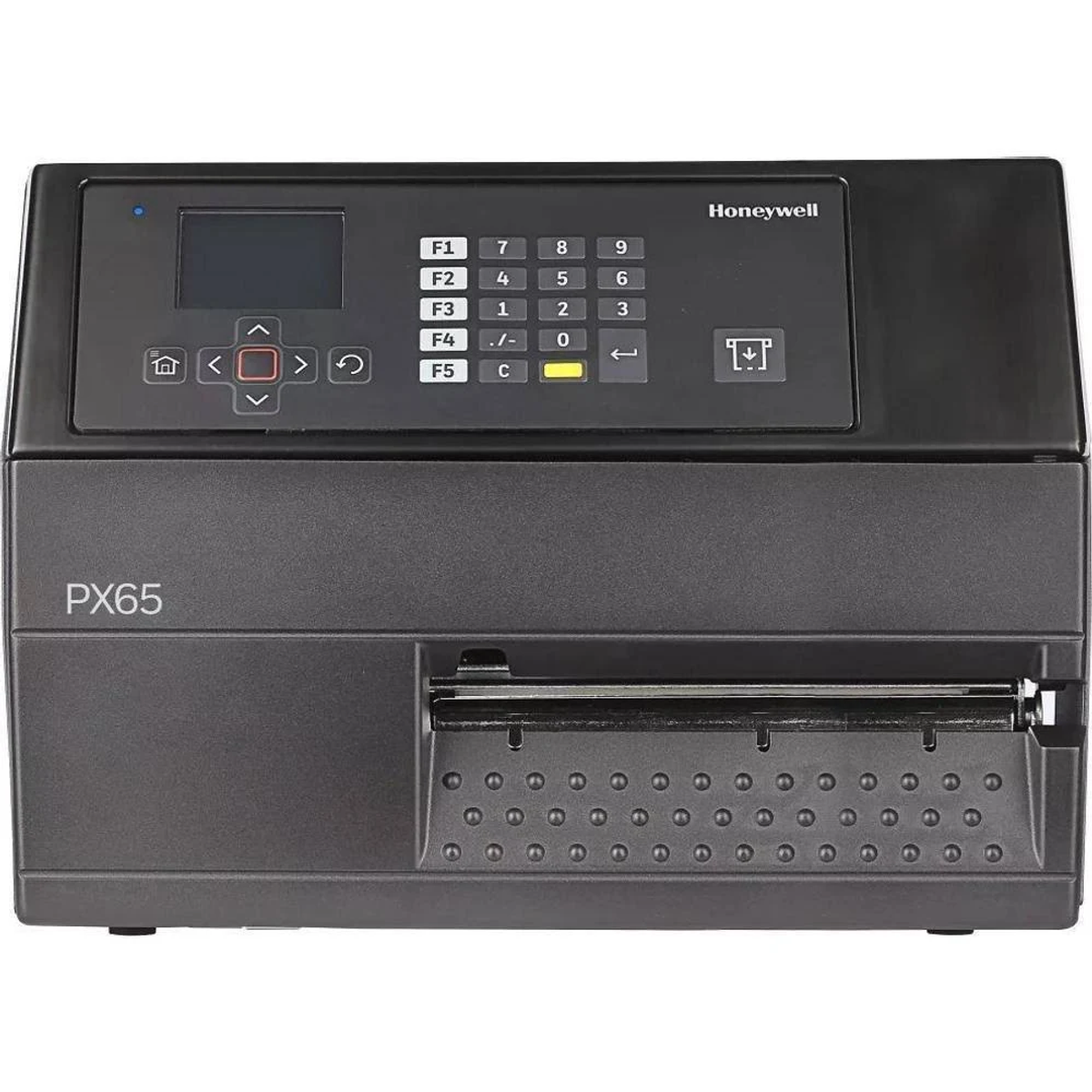Schwarzer Honeywell Etikettendrucker. Tasten und Display oben. Modell PX65.