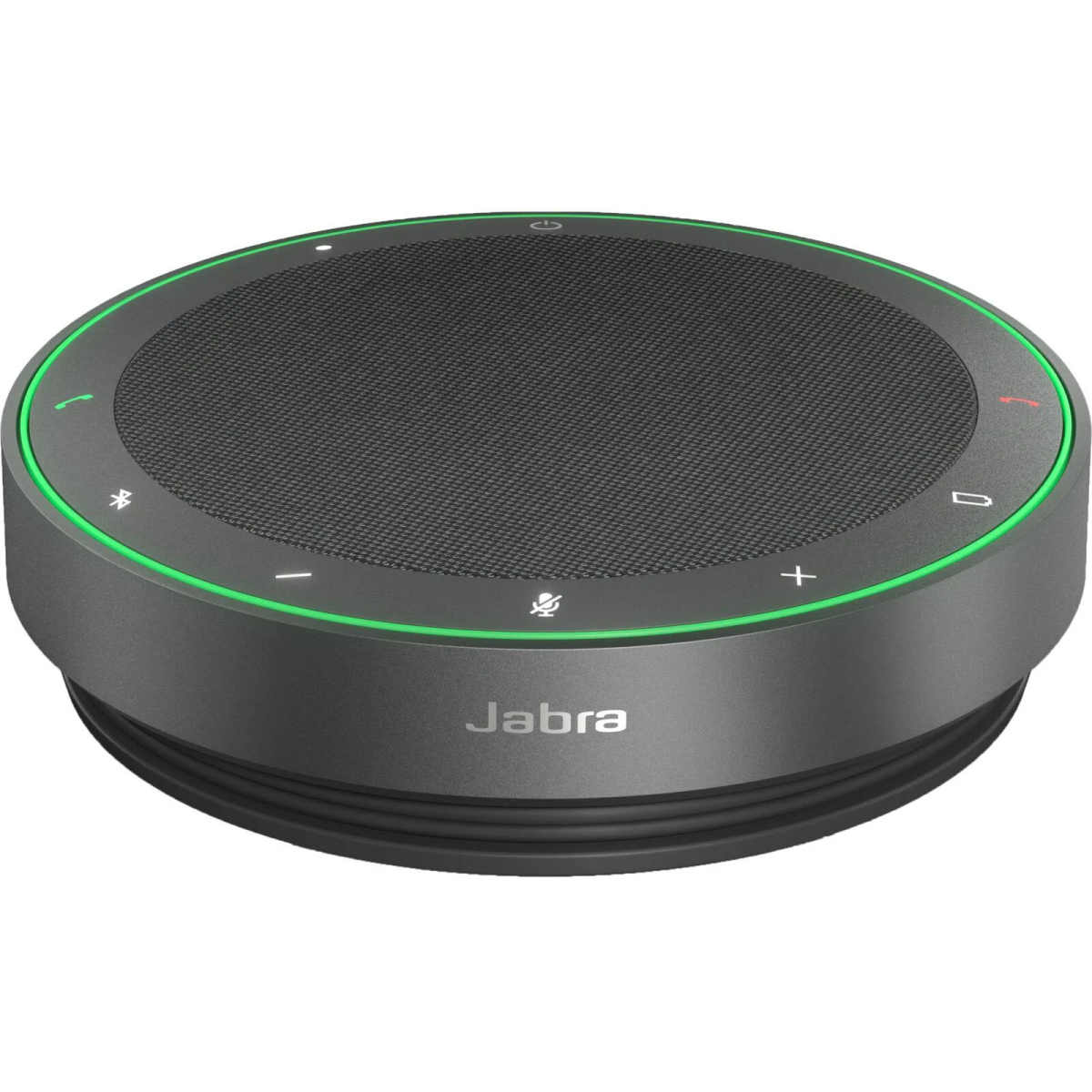 Altoparlante Jabra grigio con bordo verde e controlli touch.