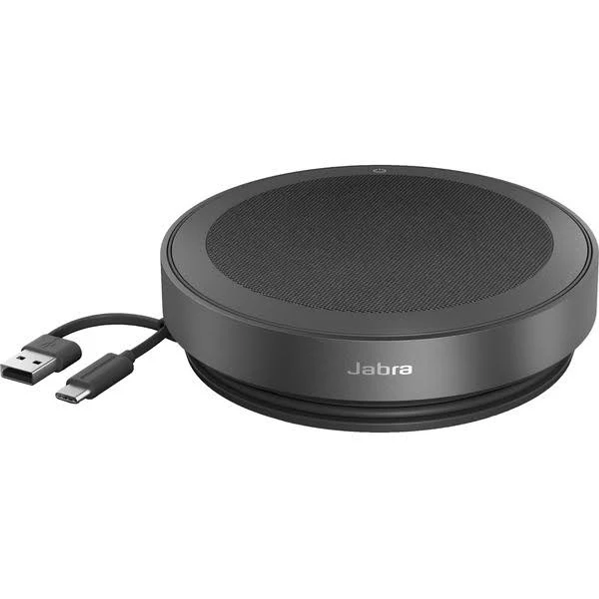 Altoparlante Jabra nero con cavi USB-A e USB-C.