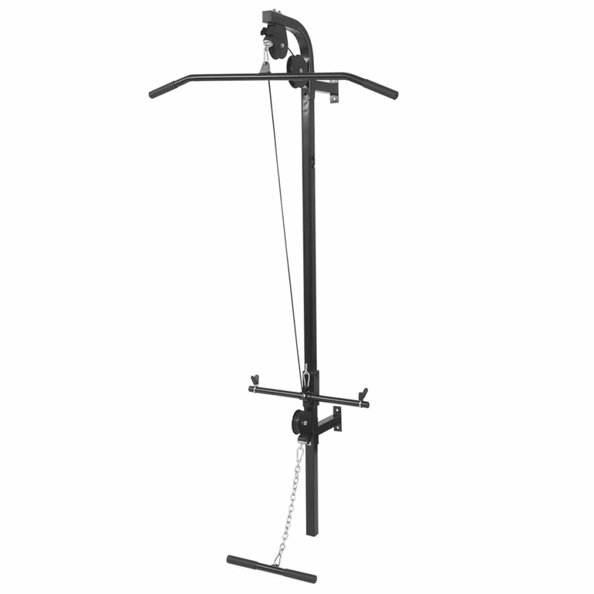 Schwarze Klimmzugstange an der Wand. Sie hat ein Kabel und eine Hantelstange.