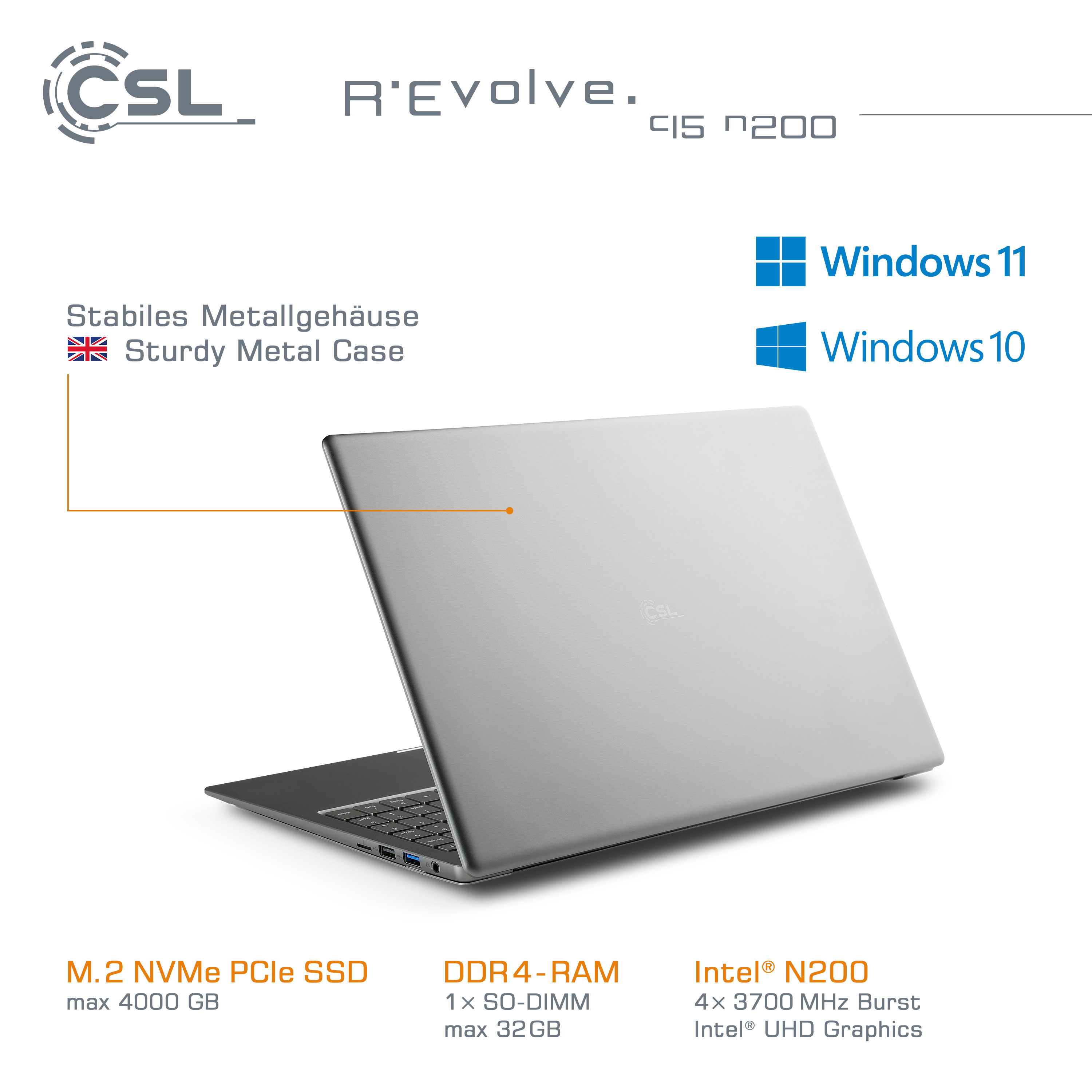 CSL R\'Evolve C15 v3 / GB 15 / mit Windows 500GB 32GB SSD, Grau Intel®, Notebook Display, GB 11 Zoll 500 32 / Home, RAM