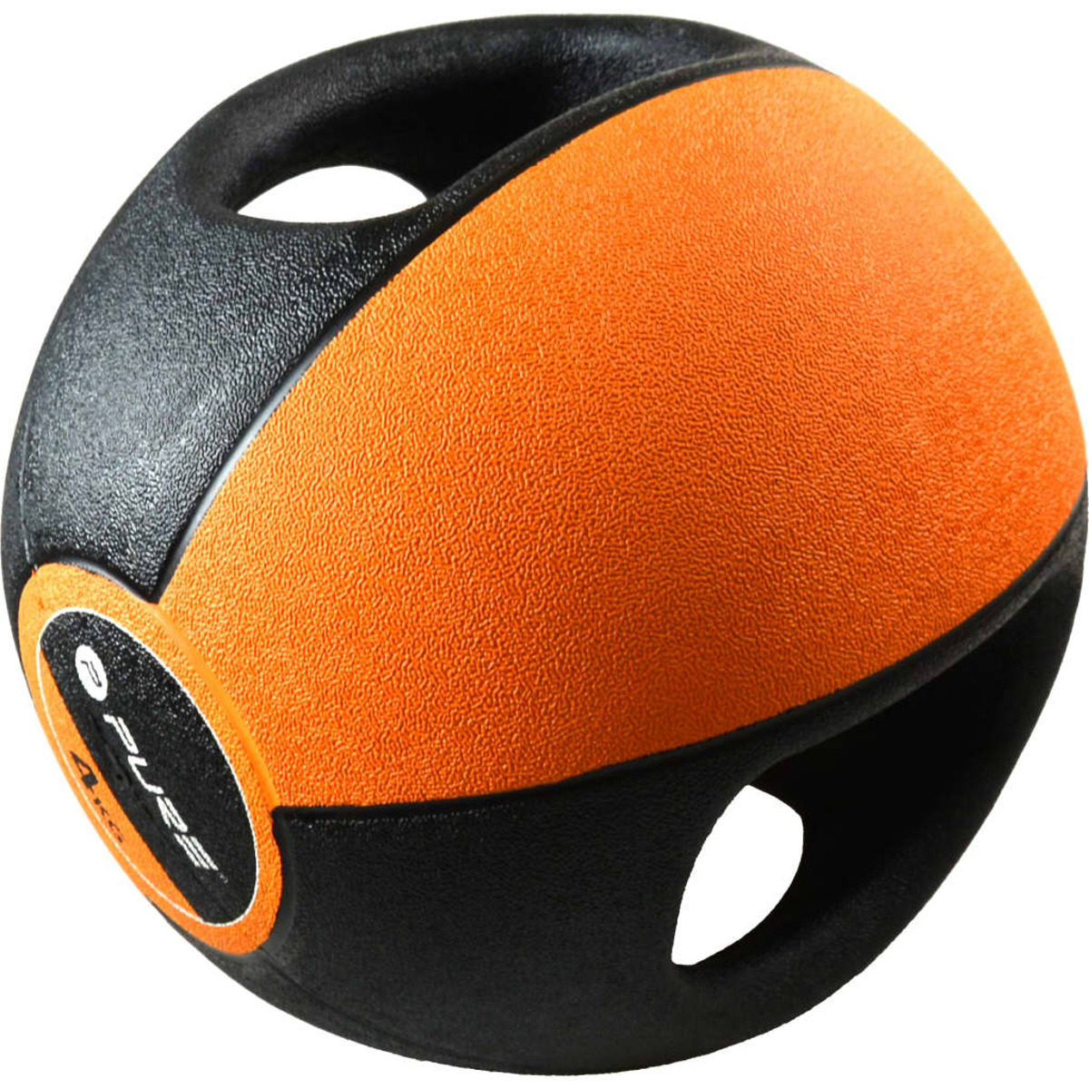 Un ballon médicinal orange et noir avec des poignées, pour les exercices de fitness.
