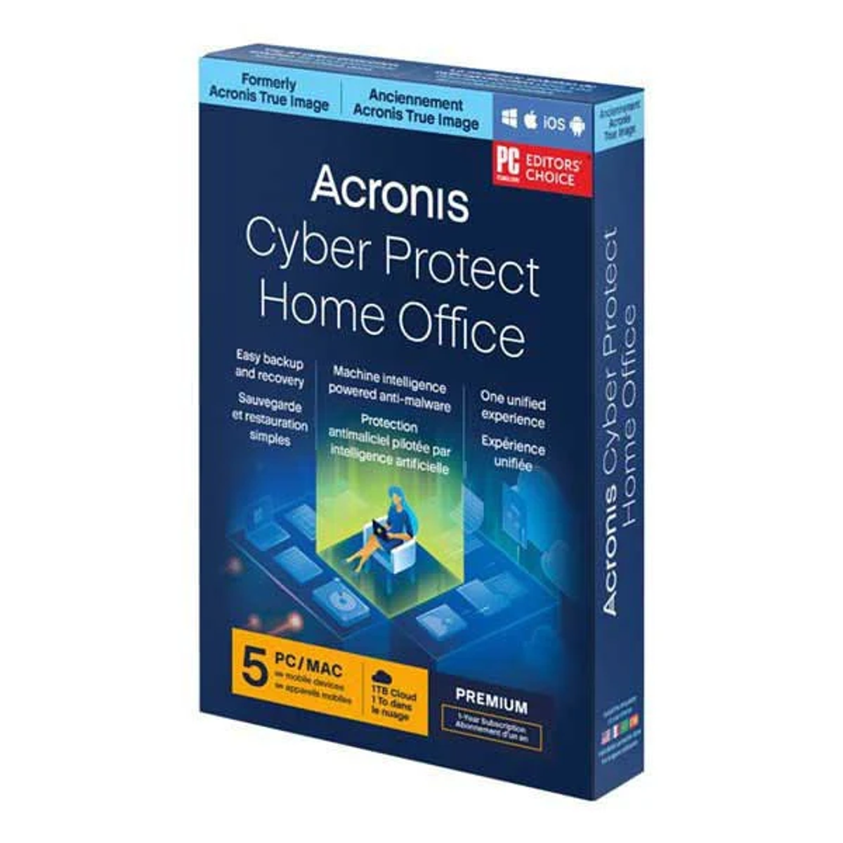 Scatola Acronis Cyber Protect Home Office. Scatola blu con testo e grafica bianchi e gialli.
