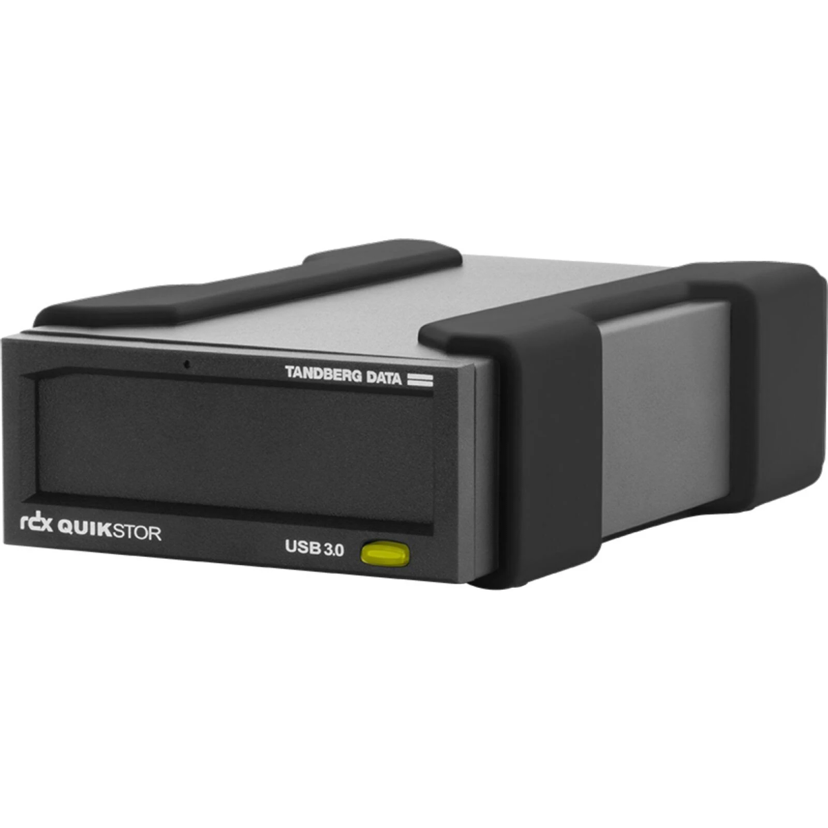 Schwarzes und silbernes Tandberg Data-Gerät. Beschriftungen 'rdx quikSTOR' und 'USB 3.0'.