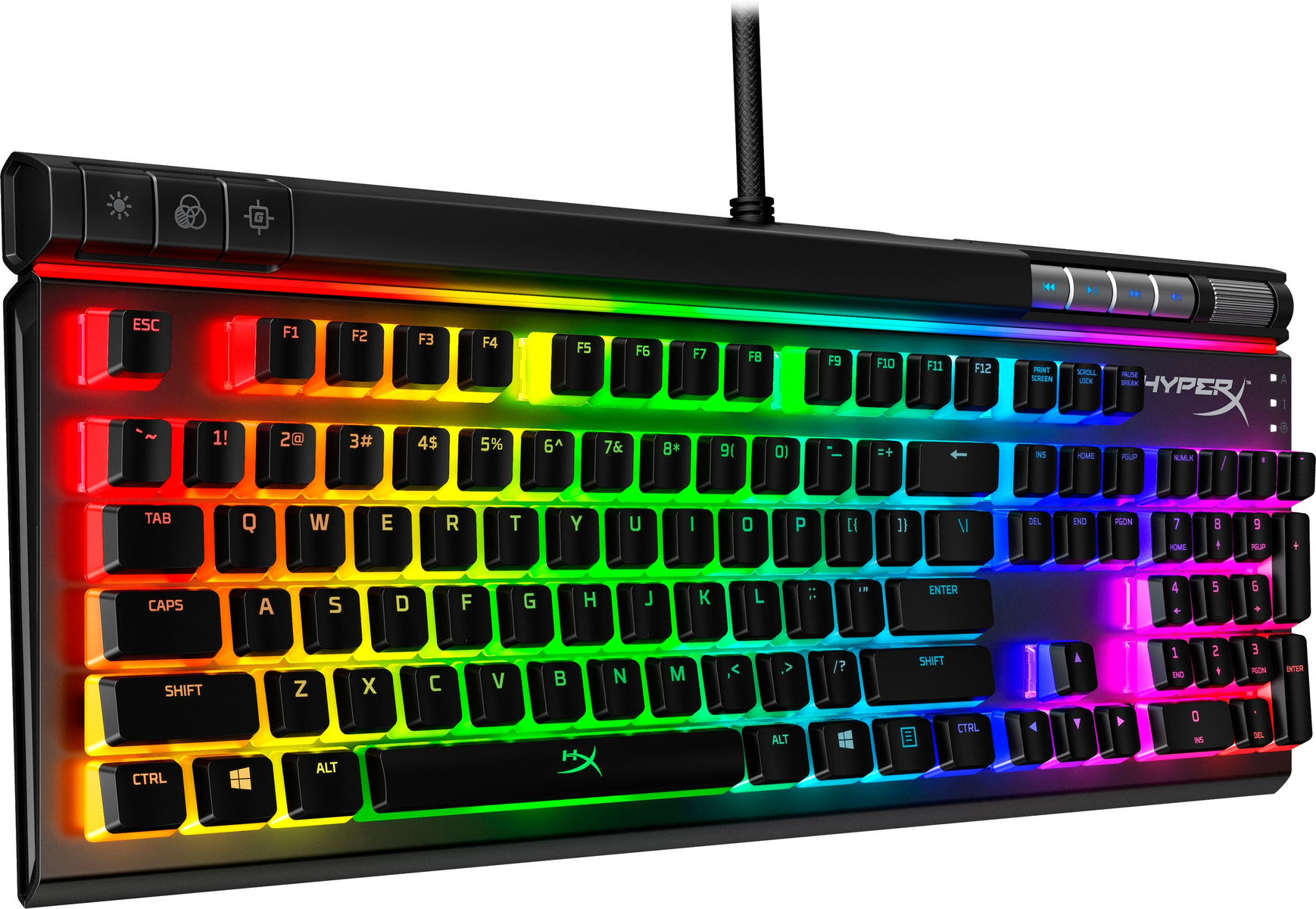 Mechaniczna klawiatura podświetlana RGB. Czarna z kolorowymi klawiszami. Logo HyperX z przodu.