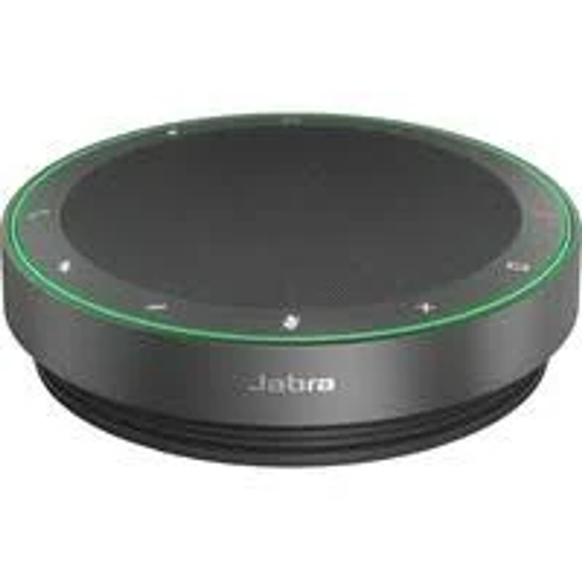 Schwarzer Lautsprecher mit grünem Akzentring, zylindrisches Design, Jabra-Logo. Weißer Hintergrund.