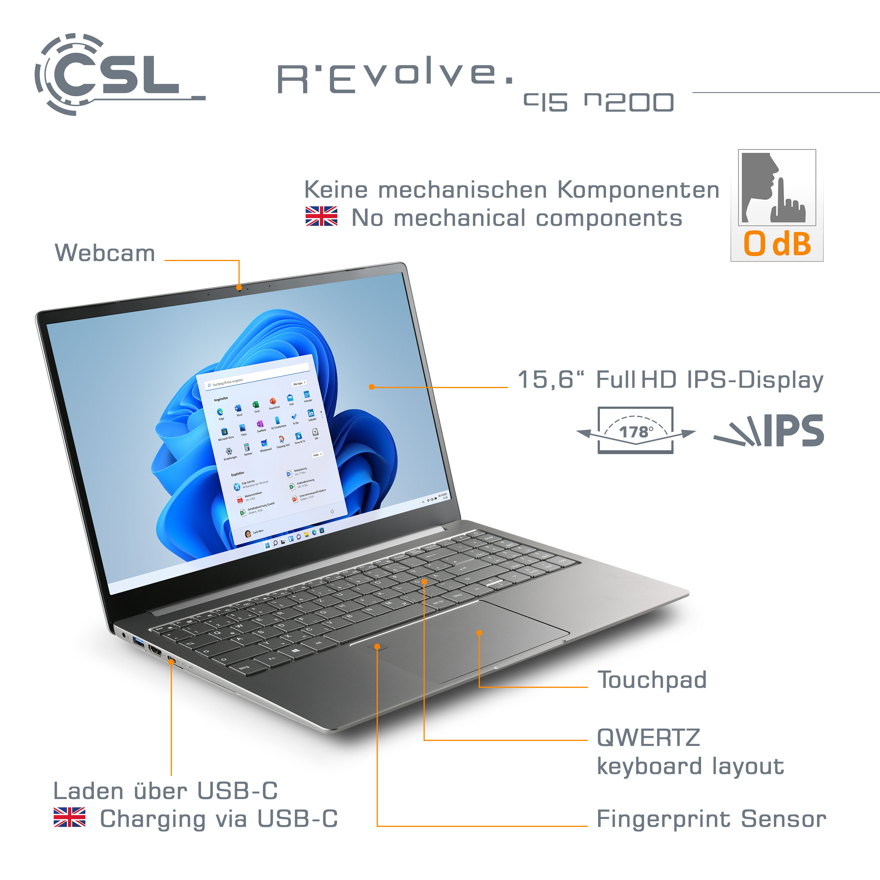 Ein silberner Laptop mit Tastatur, Bildschirm mit Windows-Oberfläche und Etiketten am Rahmen.