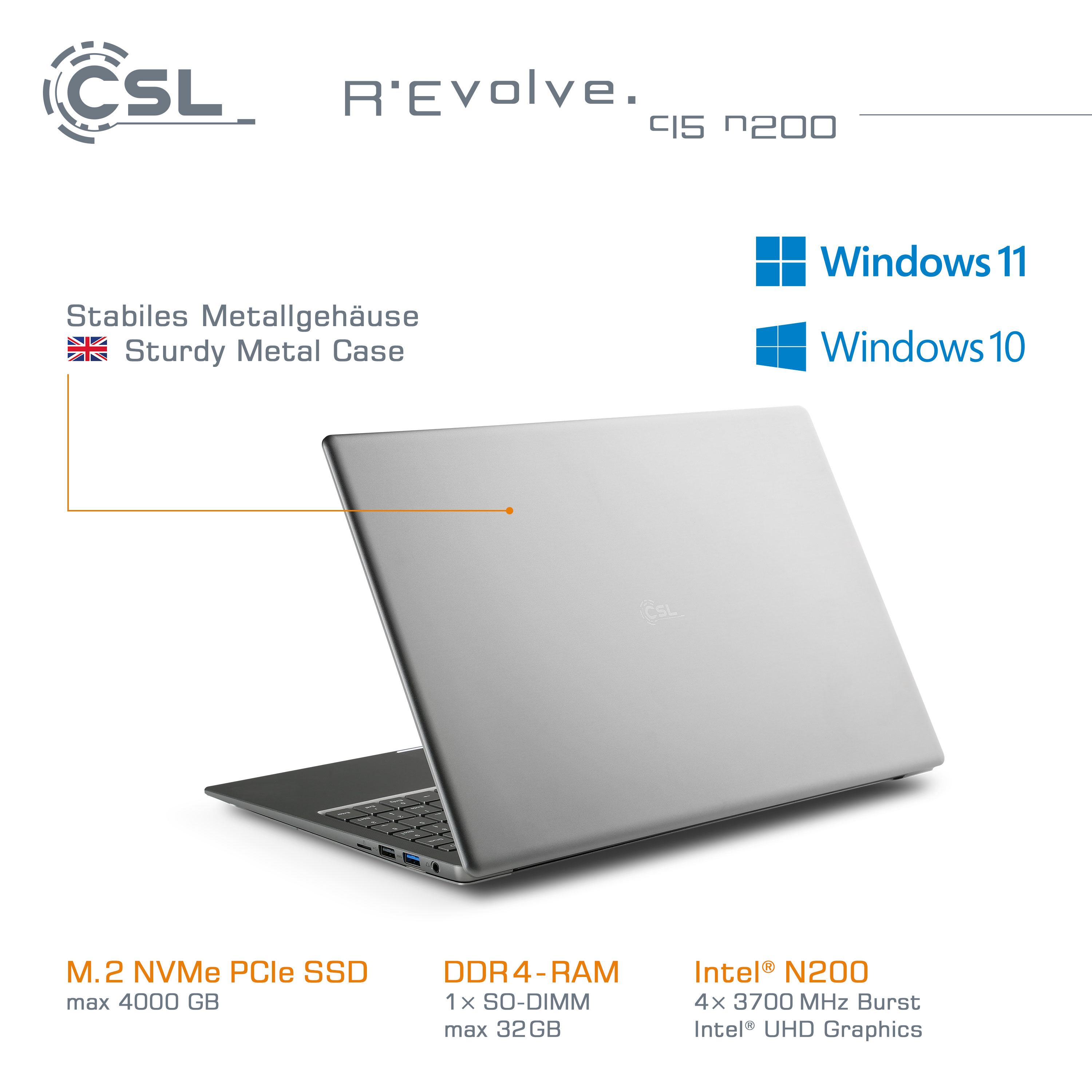 Silberner Laptop mit Text und Spezifikationen, einschließlich Windows-Logos und Intel.