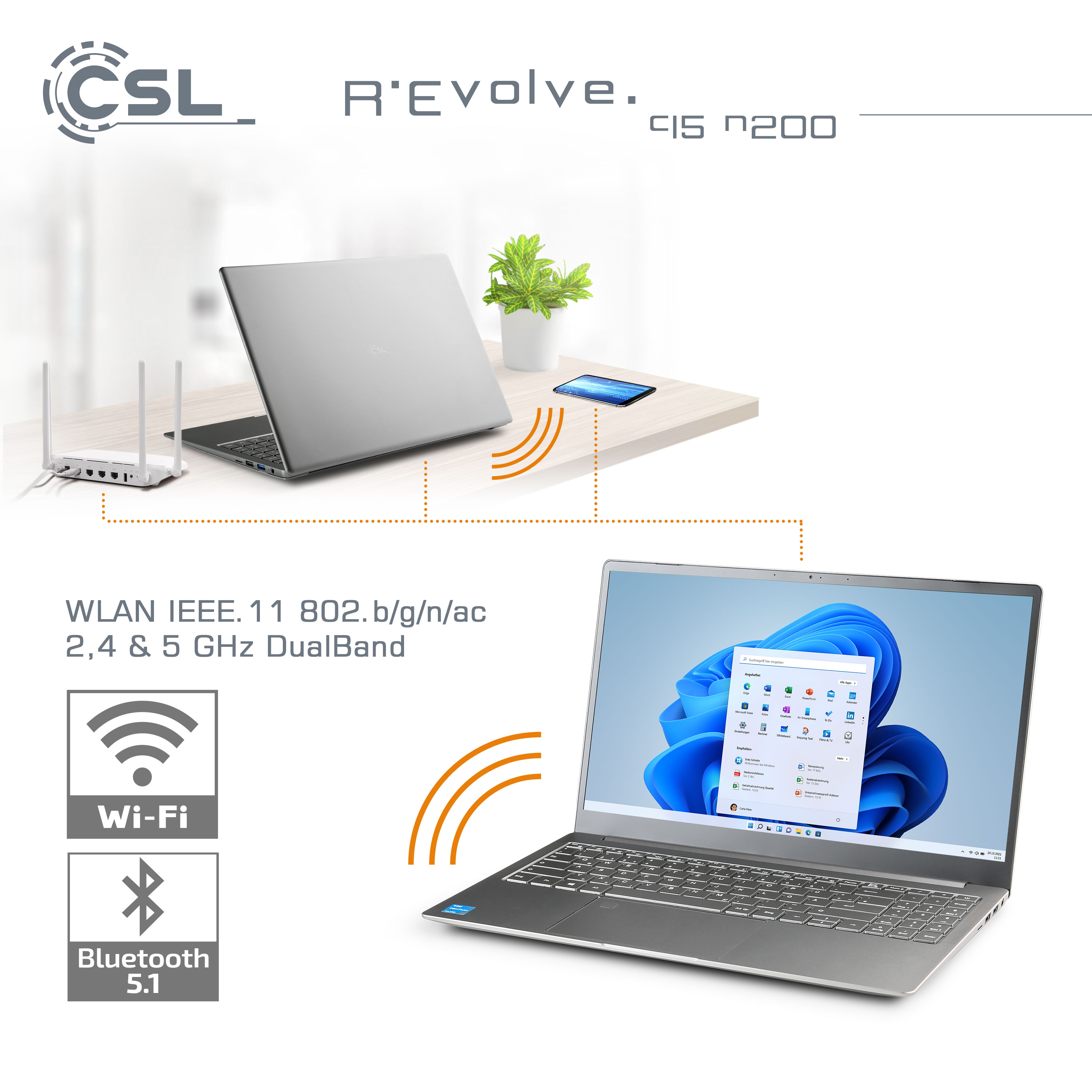 Ein Laptop mit blauem Bild auf dem Bildschirm und ein Router werden gezeigt.