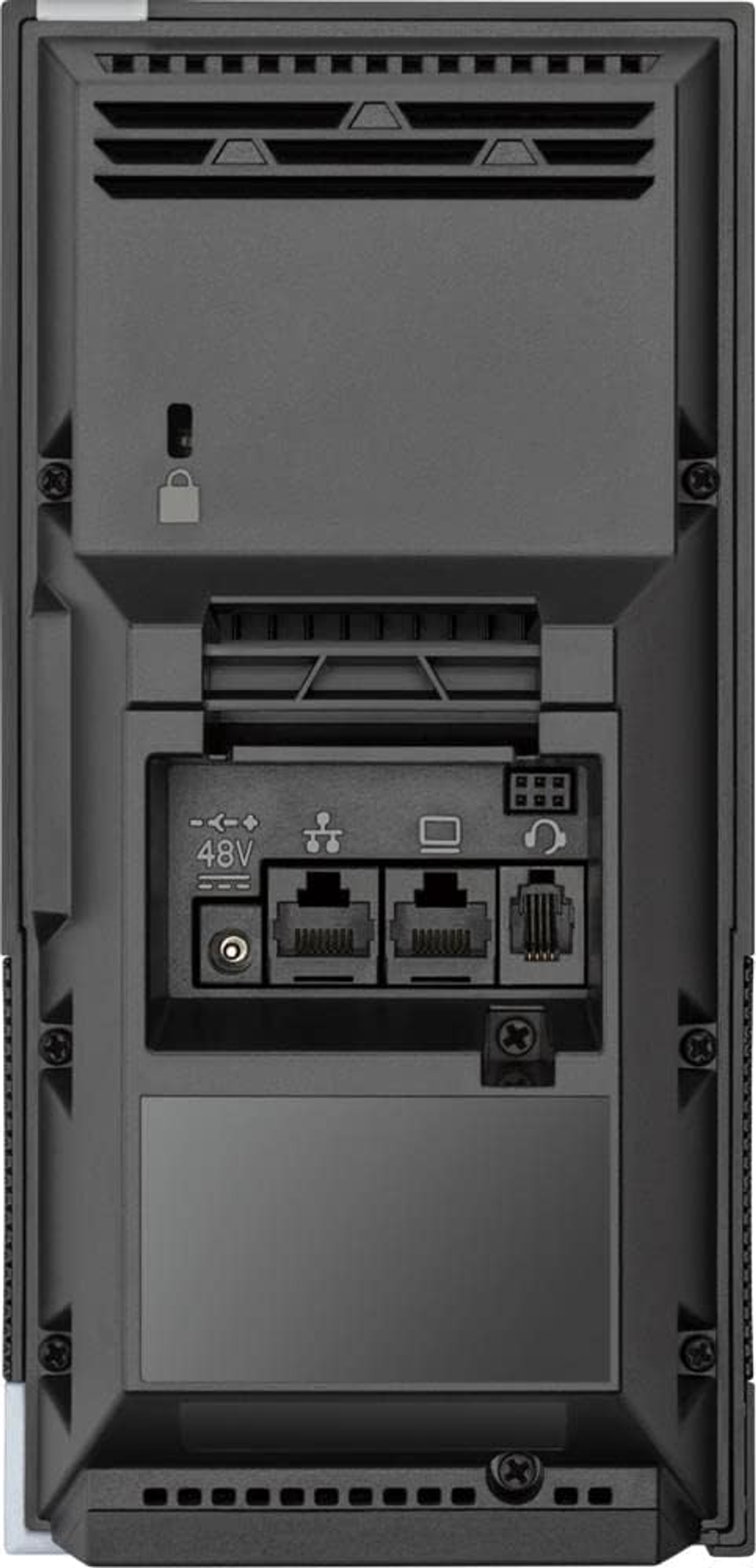 Schwarze Server-Rückansicht, mit Anschlüssen und Verbindungen in einem vertieften Bereich.