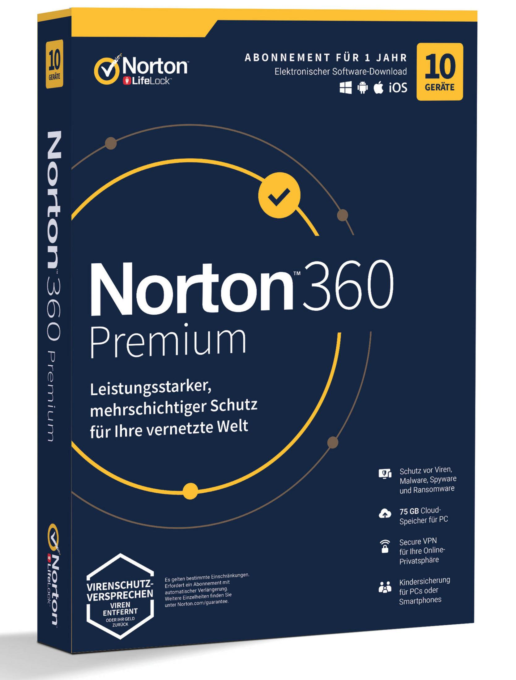 Pudełko oprogramowania Norton 360 Premium. Posiada logo dla 10 urządzeń i różnych systemów operacyjnych.