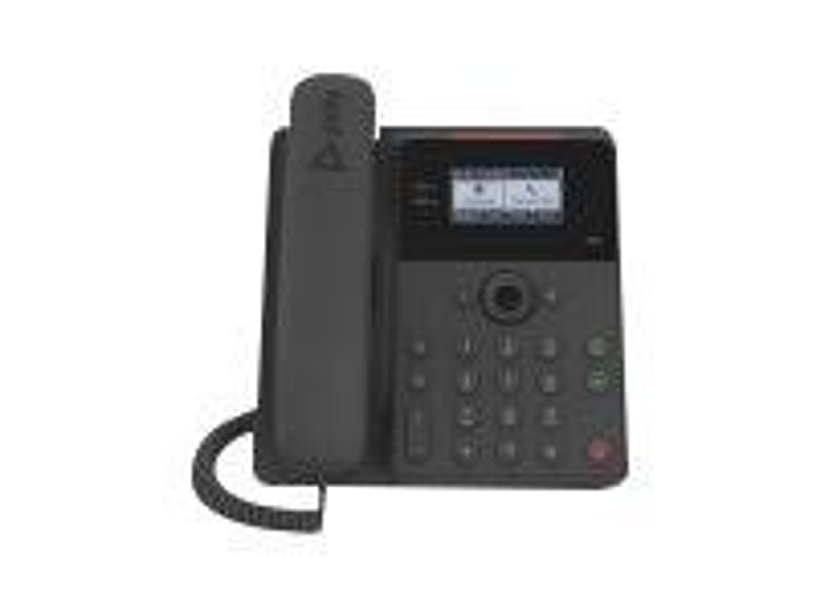 Schwarzes Tischtelefon mit Bildschirm, Tasten und Hörer auf weißem Hintergrund.