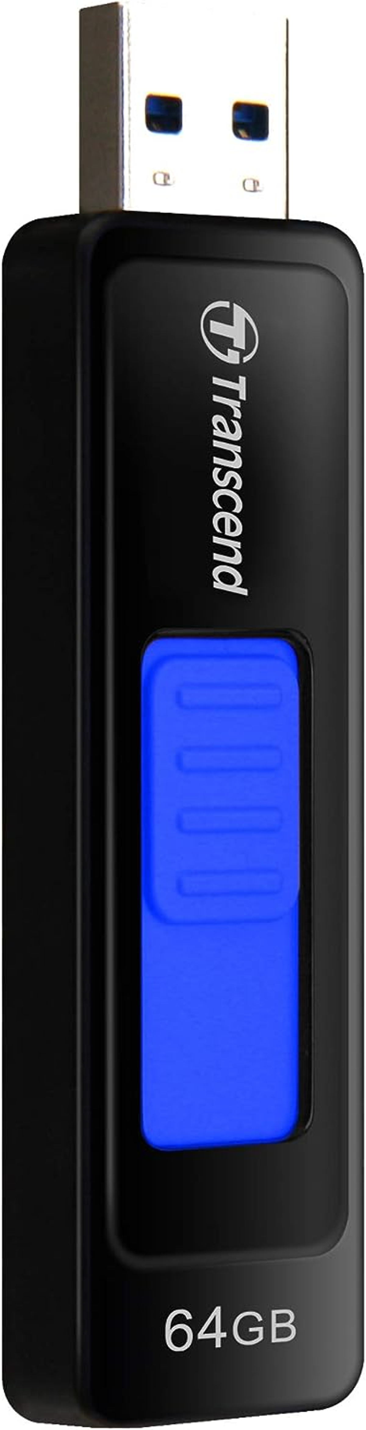 Schwarzer und blauer Transcend USB-Stick. Aufkleber mit '64GB'. Hat eine blaue Schiebeabdeckung.