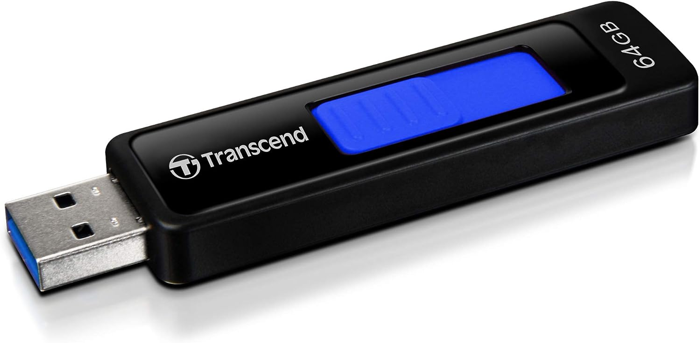 Ein schwarzer Transcend USB-Stick mit blauer Anzeige und der 64GB Kapazitätsangabe.