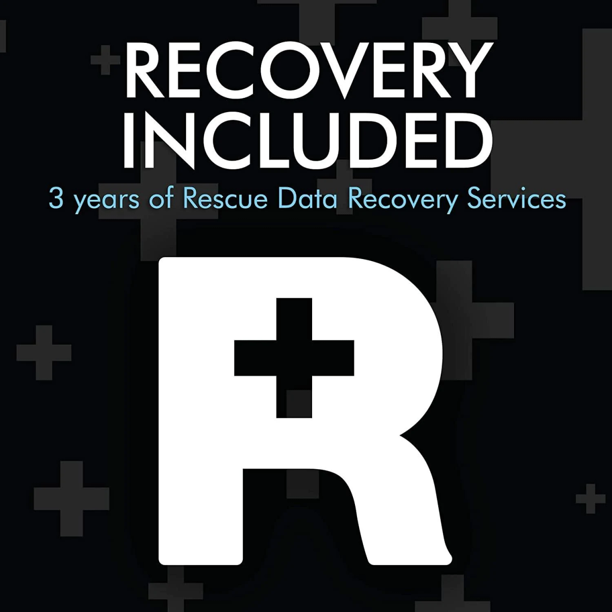 Czarne tło z białym tekstem: „RECOVERY INCLUDED” i „3 lata Rescue Data Recovery Services”.