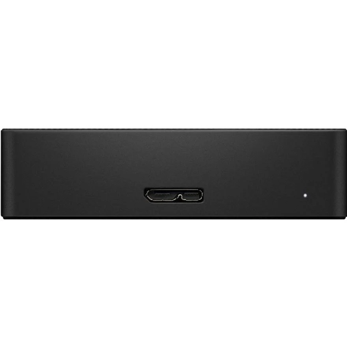 Czarne prostokątne urządzenie z portem USB i białym światłem. Białe tło.