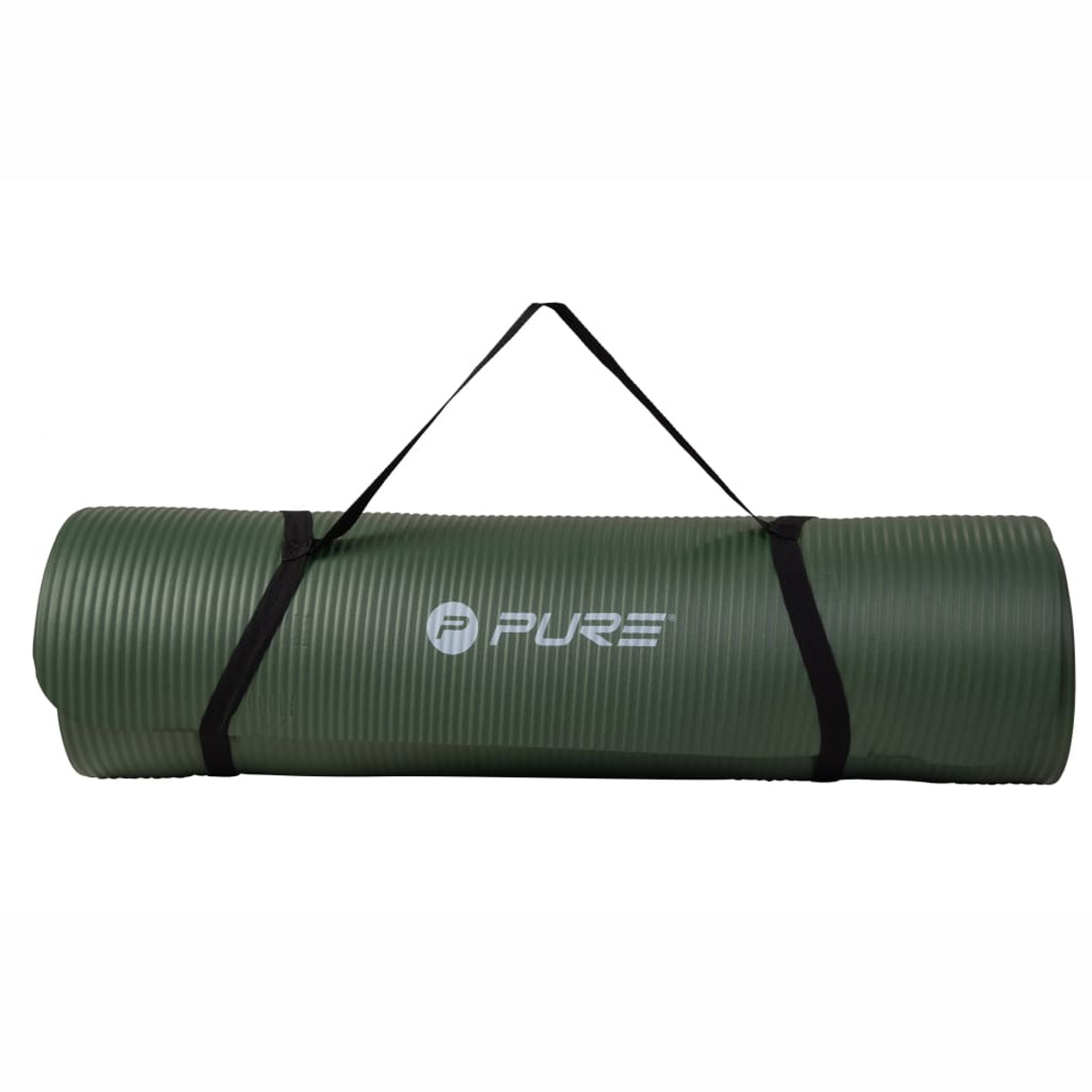 Aufgerollte grüne Yogamatte mit schwarzen Gurten und dem Markennamen PURE.