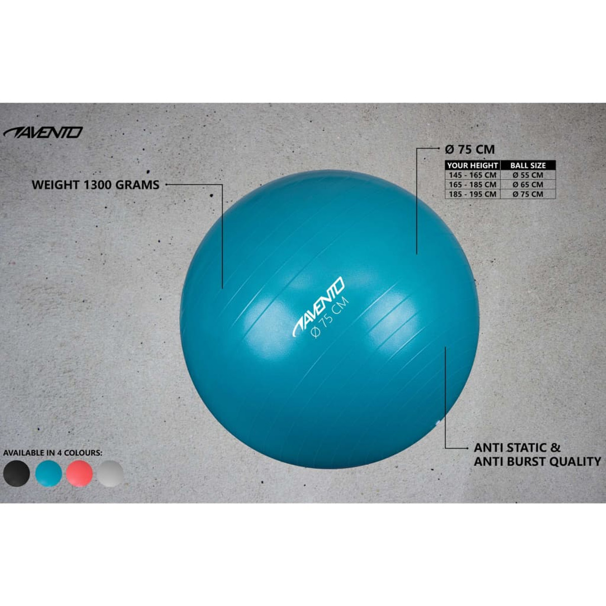 Ein großer, blauer Gymnastikball mit Text und Größenangaben auf grauem Untergrund.