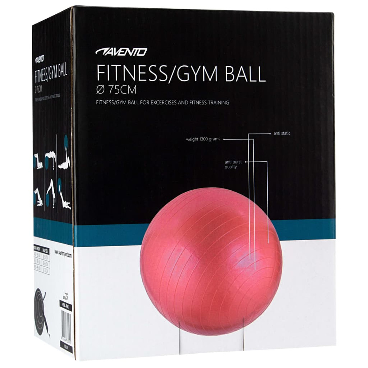 Fitness-/Gymnastikball in einer Box. Der Ball ist rosa, mit Fitnessdetails beschriftet.