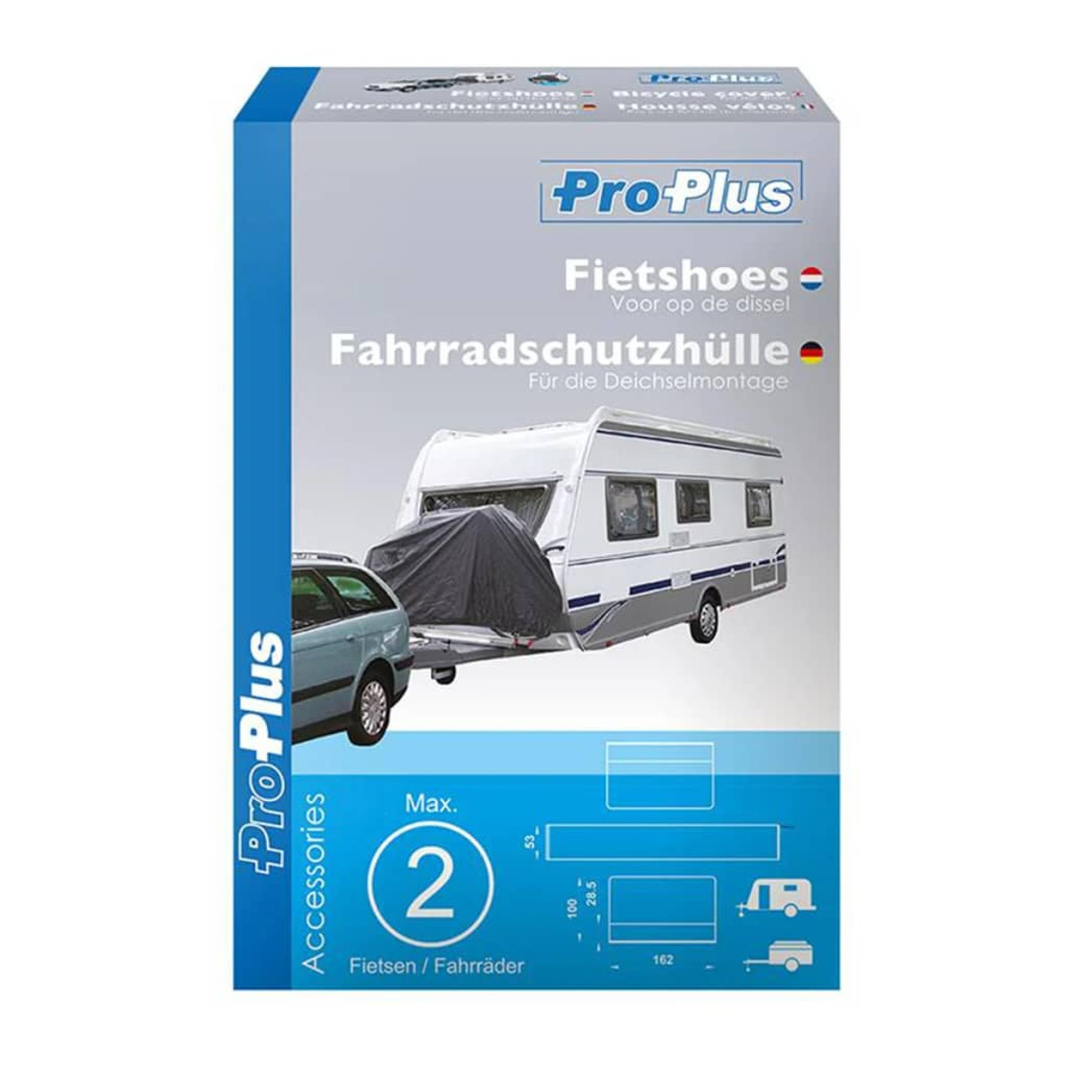 Box zeigt Wohnwagen mit schwarzer Abdeckung. Text in Deutsch und Niederländisch, mit Anhänger- und Bike-Bild.