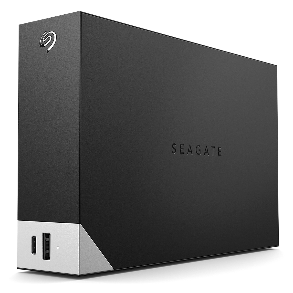 Czarny zewnętrzny dysk twardy Seagate. Logo Seagate, białe dno.