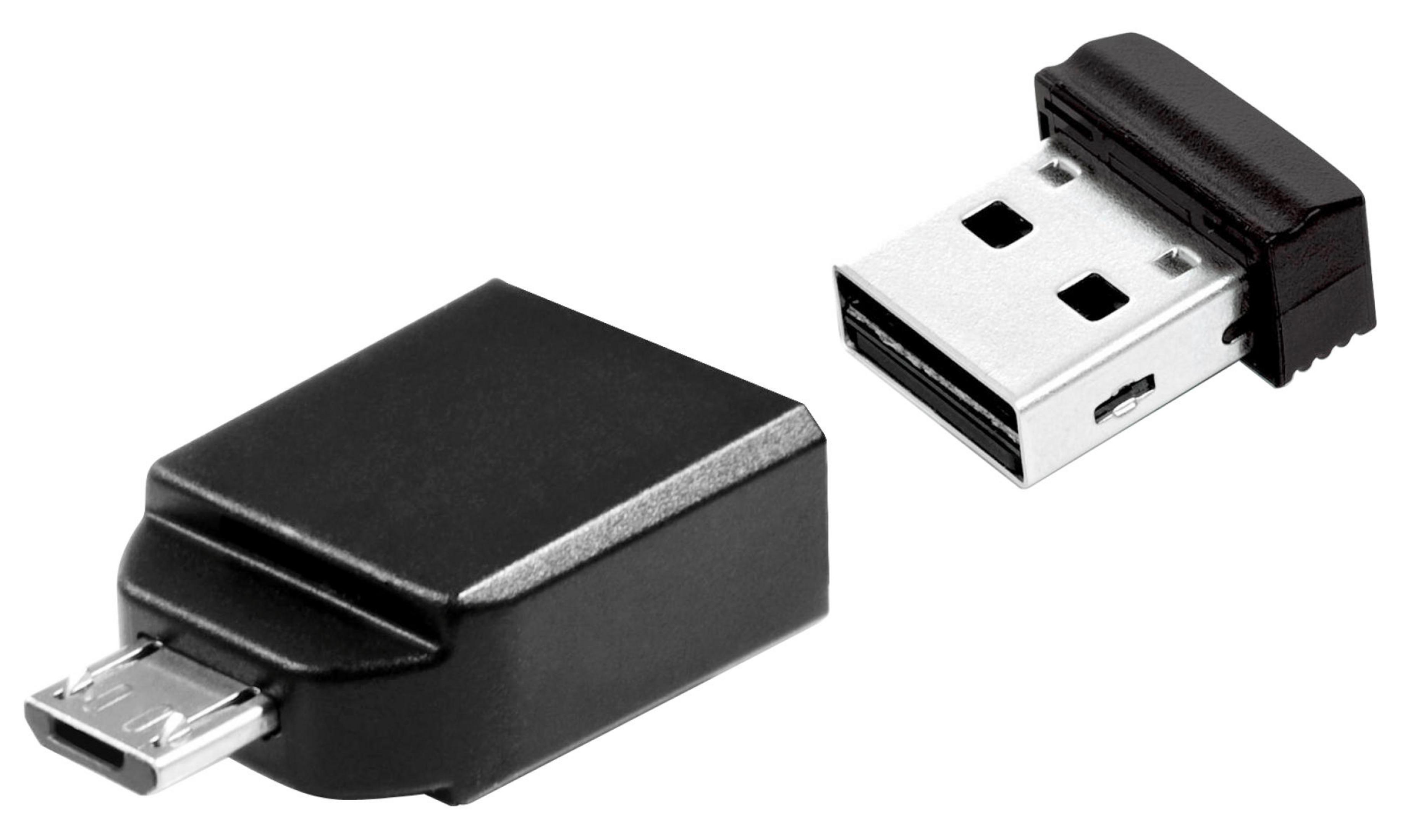 Twee zwarte USB-adapters. Eén met micro-USB, de andere met USB.
