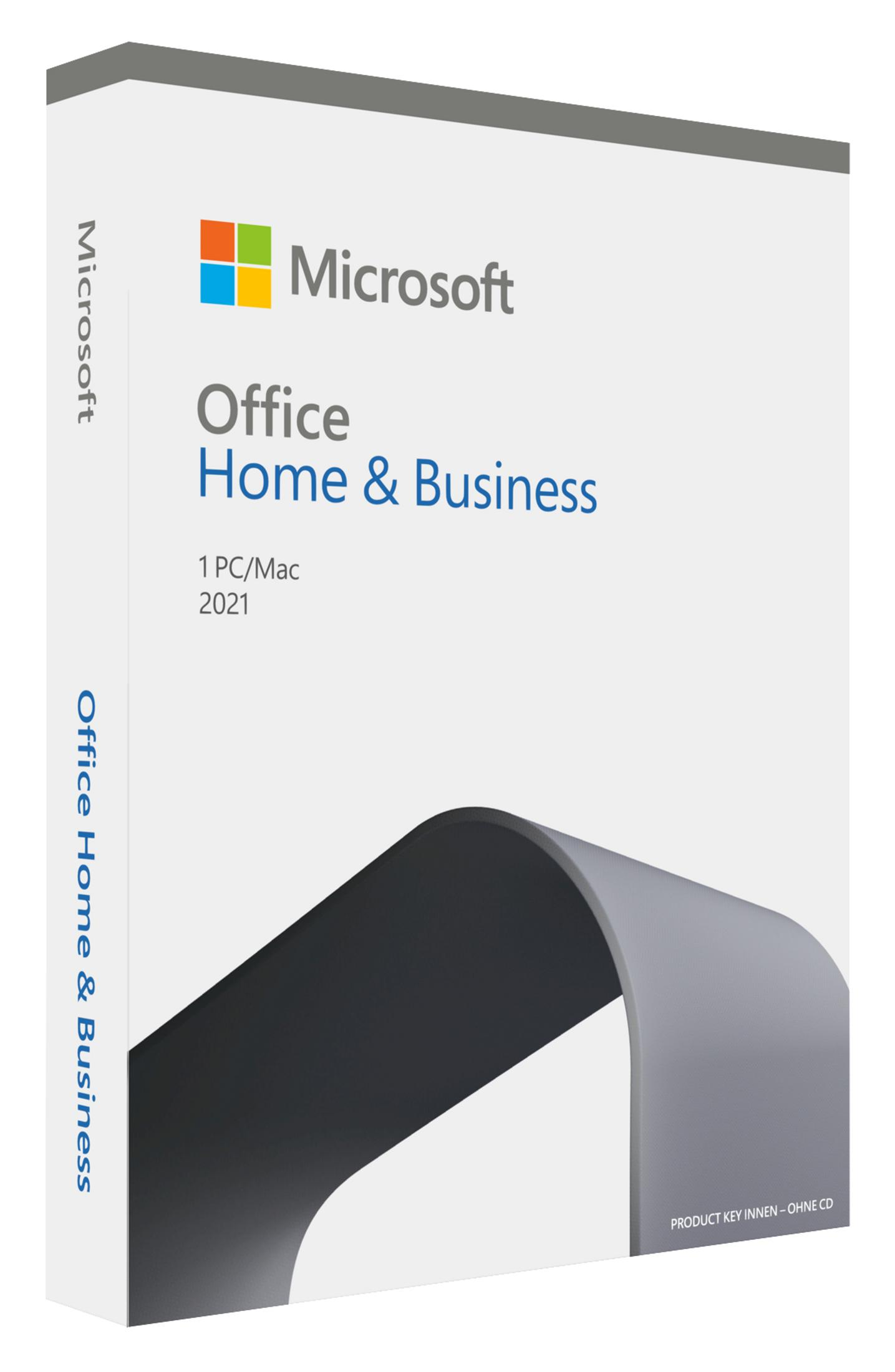 Eine Microsoft Office Home & Business 2021 Box mit Microsoft-Logo und Text.
