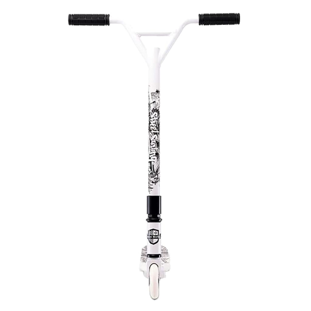 Manubrio dello scooter. Bianco, con grafica in bianco e nero. Impugnature nere.