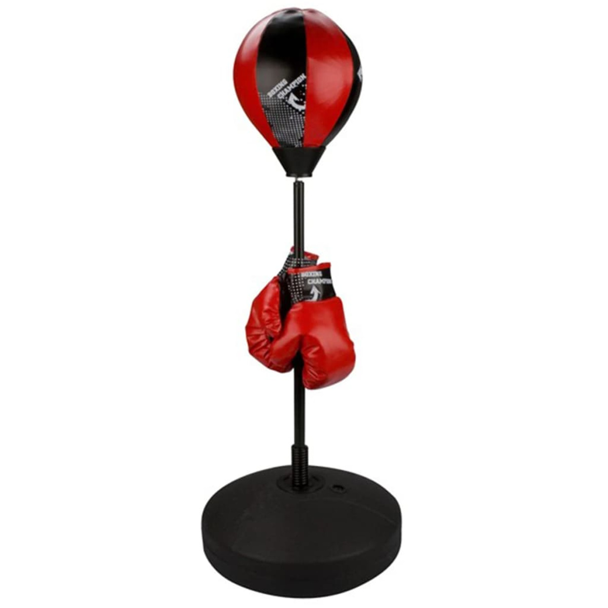Sacco da boxe rosso e nero con guantoni. È su un supporto con base nera.