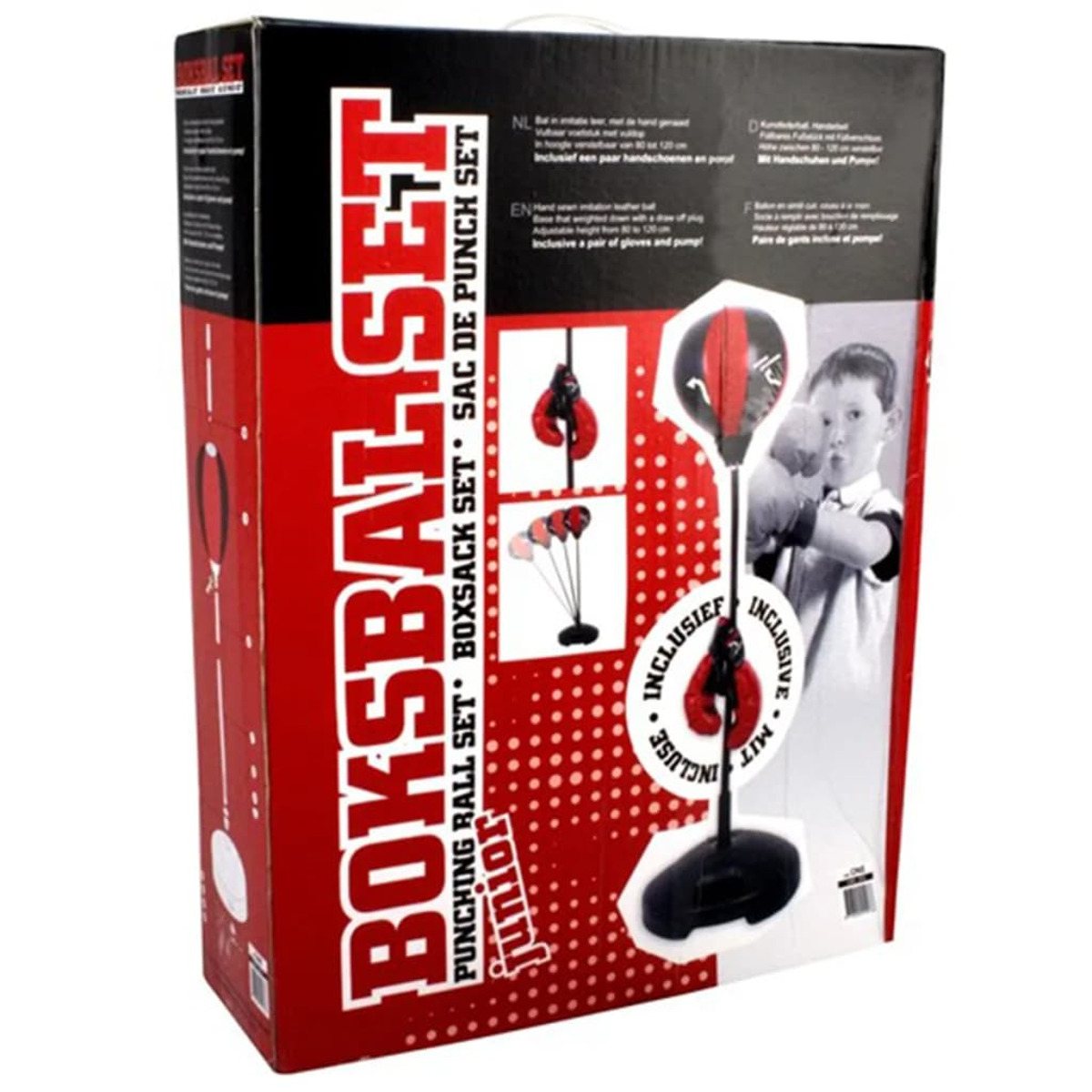 Set da boxe Boxsbalset Junior. La scatola mostra un bambino con guanti, sacco da boxe e supporto.