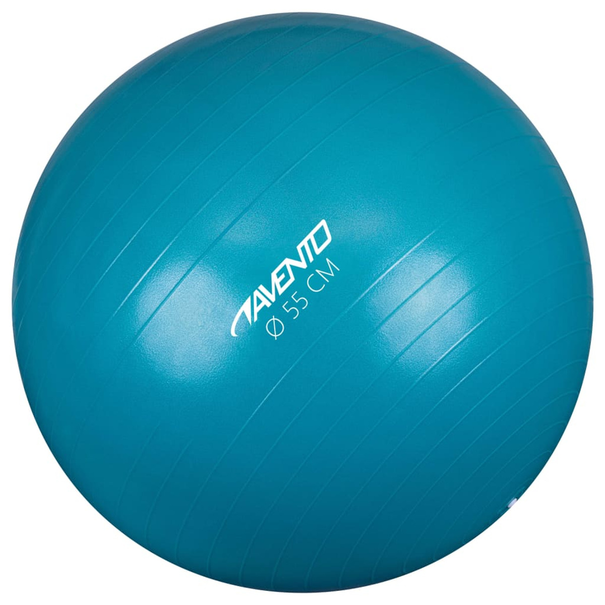 Ein türkisfarbener Fitnessball mit weißem Text und Linien. Der Ball befindet sich auf weißem Hintergrund.