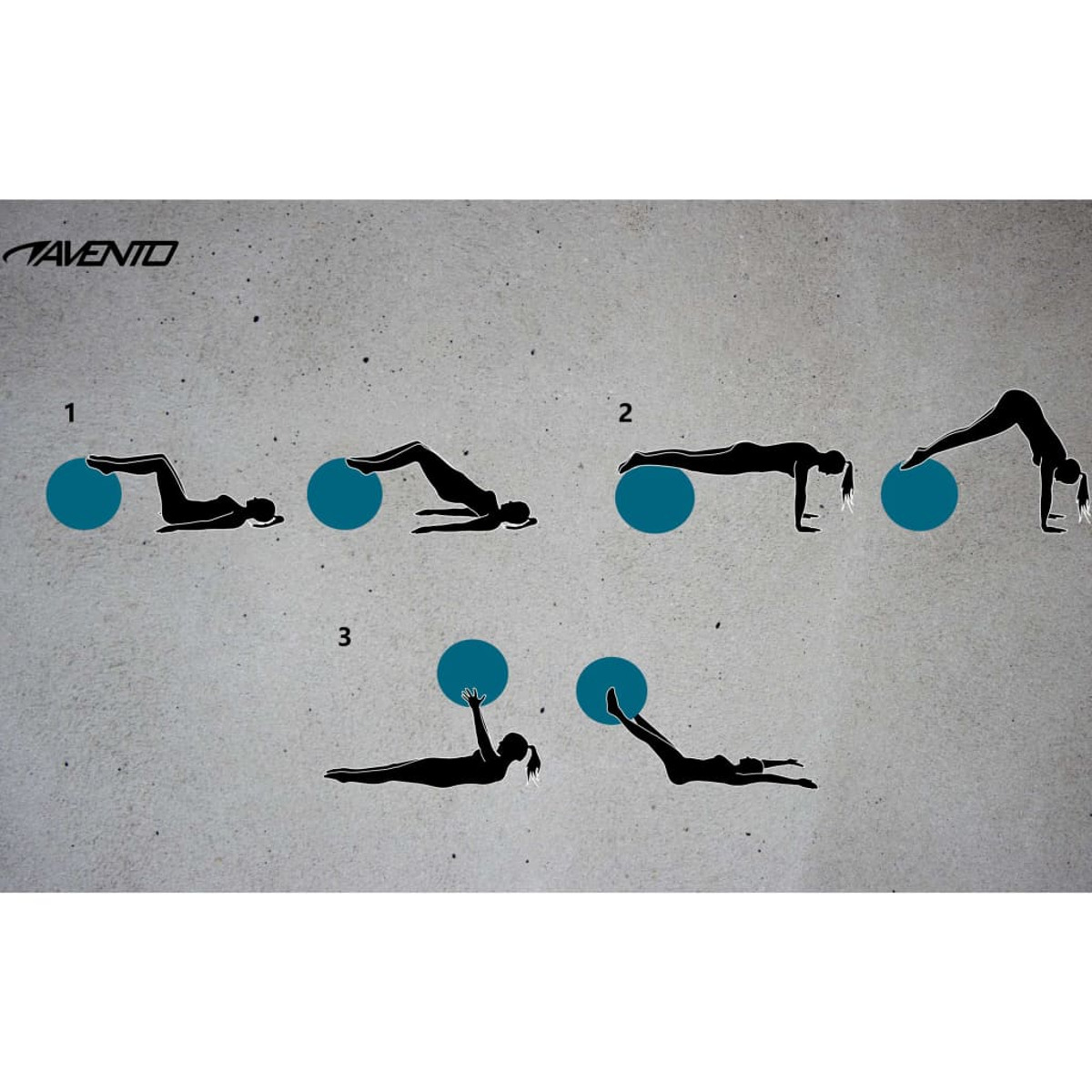 Diagramm mit Übungen mit einem blauen Gymnastikball. Verschiedene Posen einer Person und eines Balls.