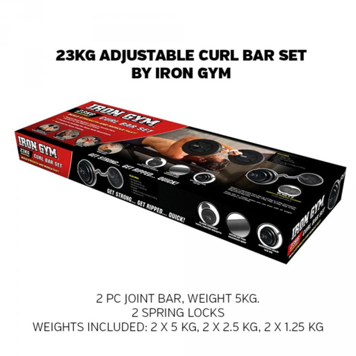Verpacktes verstellbares Curl-Bar-Set mit Gewichten, beschriftet 'IRON GYM' auf weißer Oberfläche.