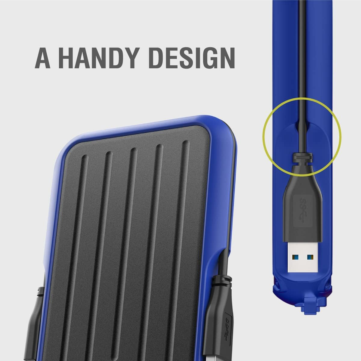 Ein blaues und schwarzes Gerät mit eingestecktem USB-Kabel wird gezeigt.