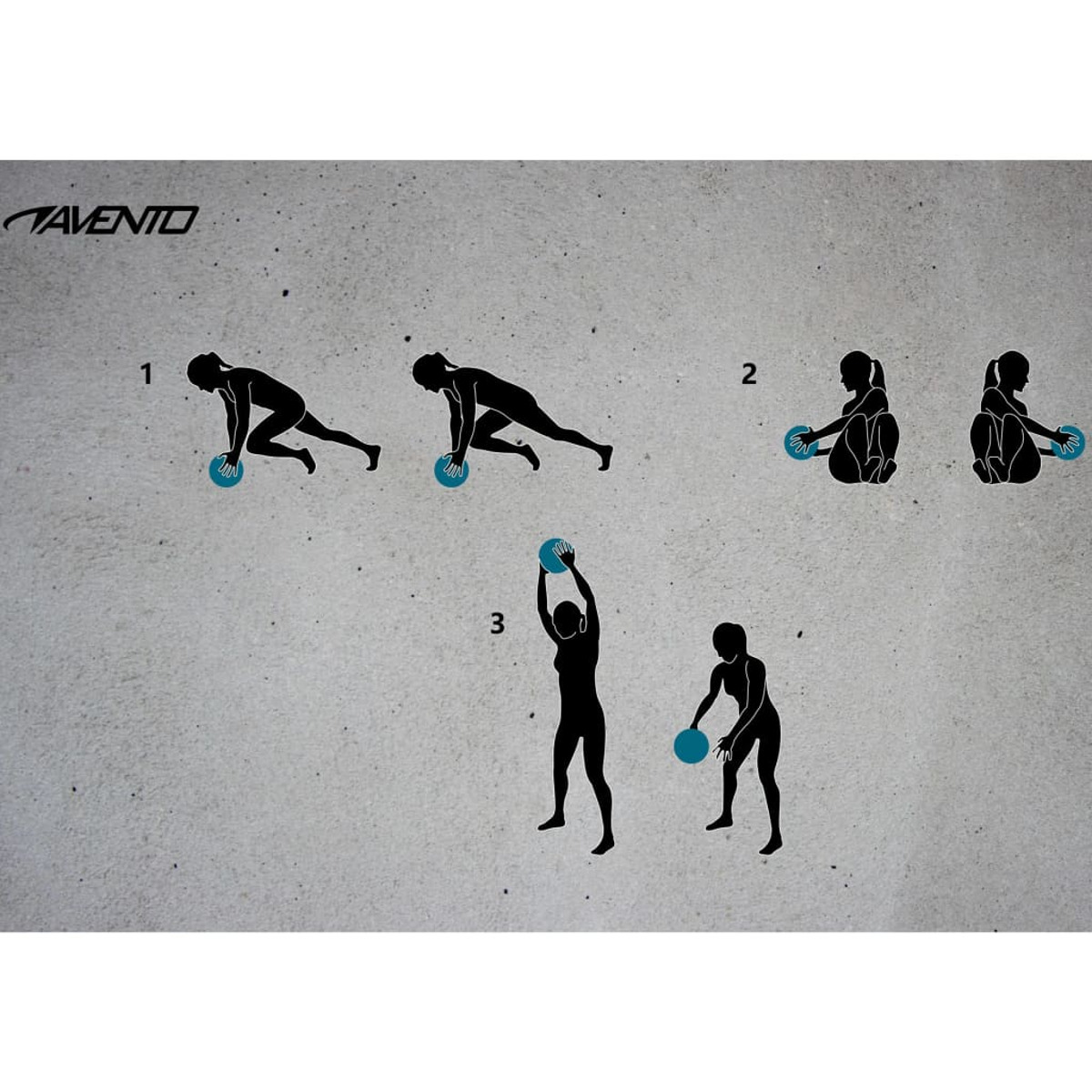 Illustrationen von Übungen mit einem blauen Ball, durchgeführt von Strichmännchen an einer Wand.