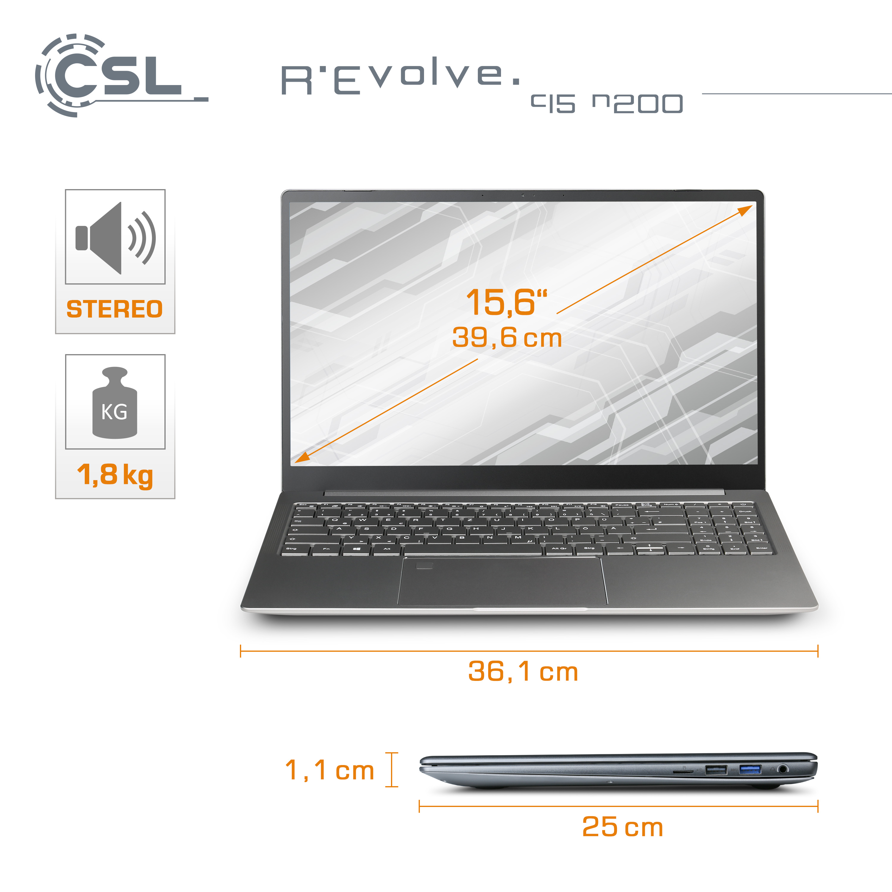 Laptop mit geöffnetem Bildschirm. Misst 15,6 Zoll/39,6 cm, 36,1 cm breit, 1,1 cm dick und wiegt 1,8 kg.