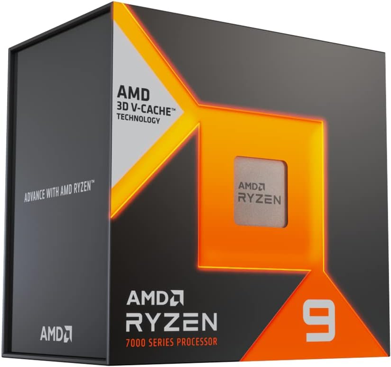 Pudełko procesora AMD Ryzen 9. Pomarańczowo-czarne z logo Ryzen i nadrukiem '9'.
