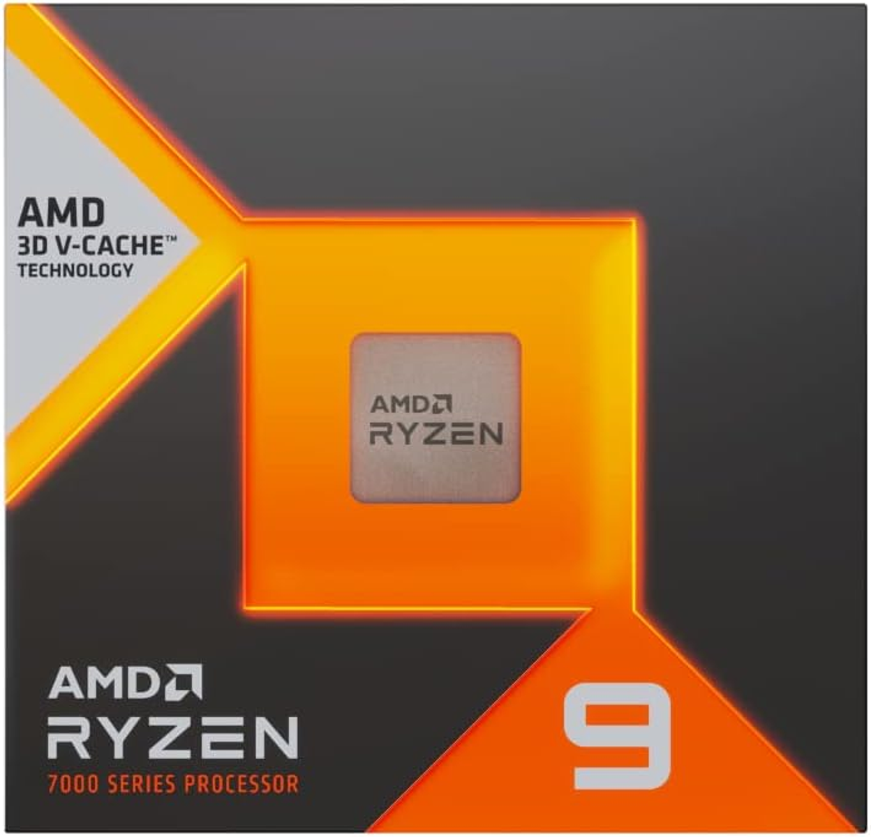 Pudełko procesora AMD Ryzen 9 z pomarańczowymi i żółtymi akcentami. Procesor jest widoczny w pudełku.