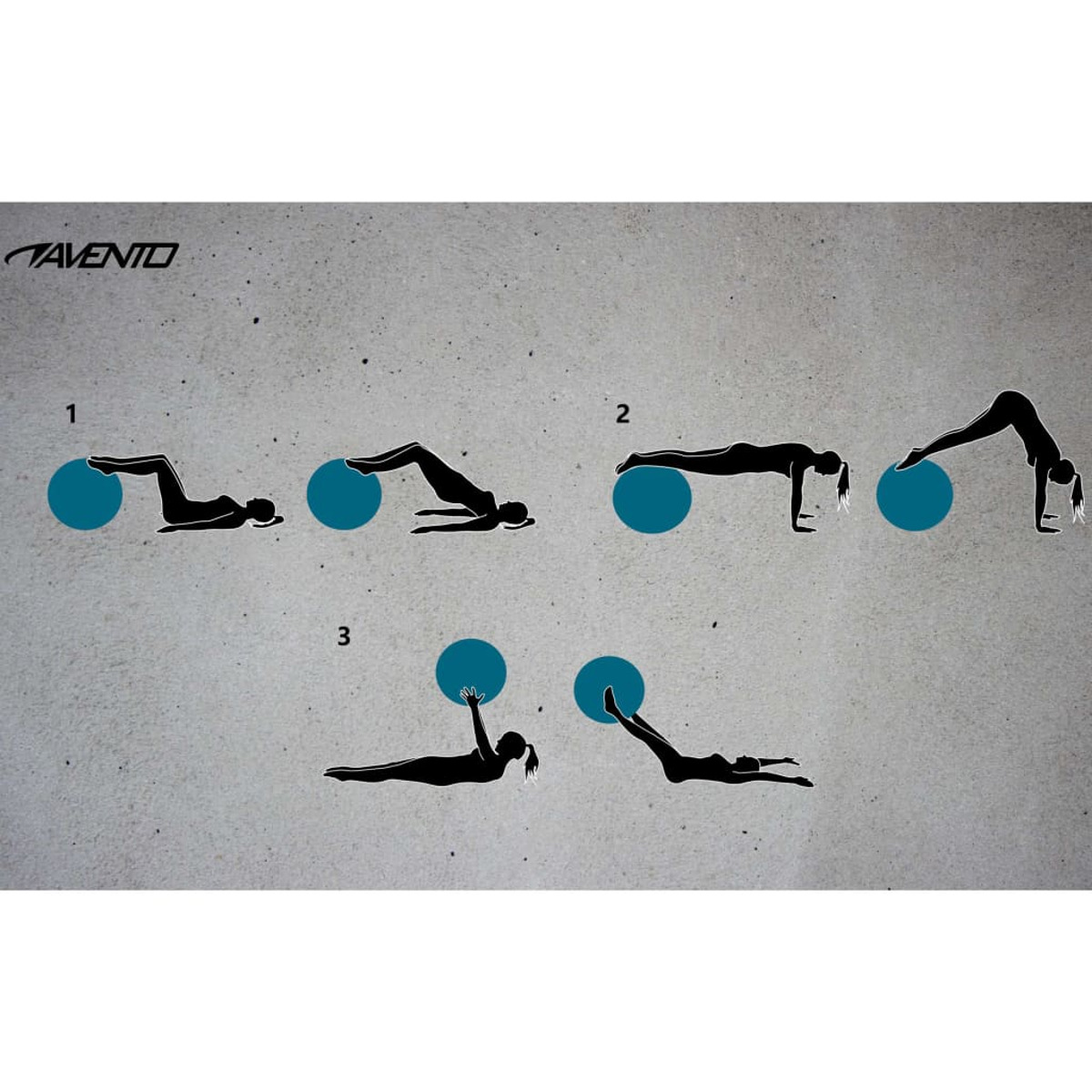 Diagramm, das Übungspositionen mit einem blauen Ball zeigt. Enthält Rückenstreckungen, Liegestütze und Beinheben.