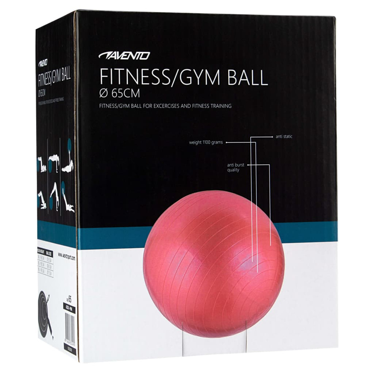 Rosa Fitness-/Gymnastikball in einer Box. Schwarzer Text auf weißer Box. Weißer Hintergrund.