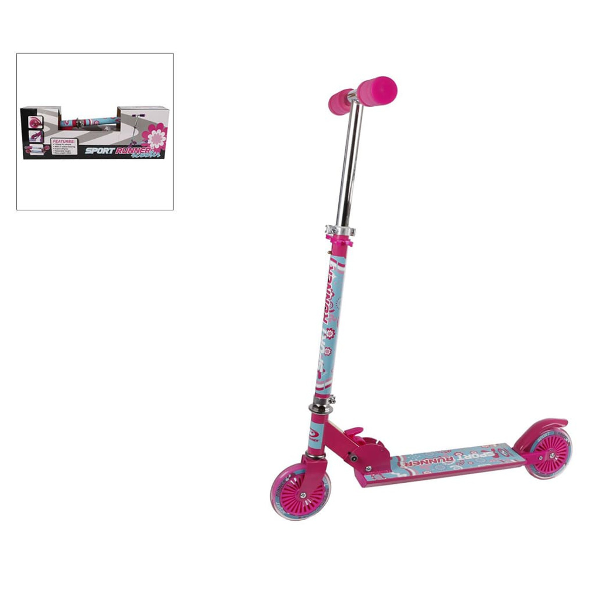 Pinkfarbener Roller mit einer Box in der oberen linken Ecke. Der Roller hat ein pinkes und blaues Design.
