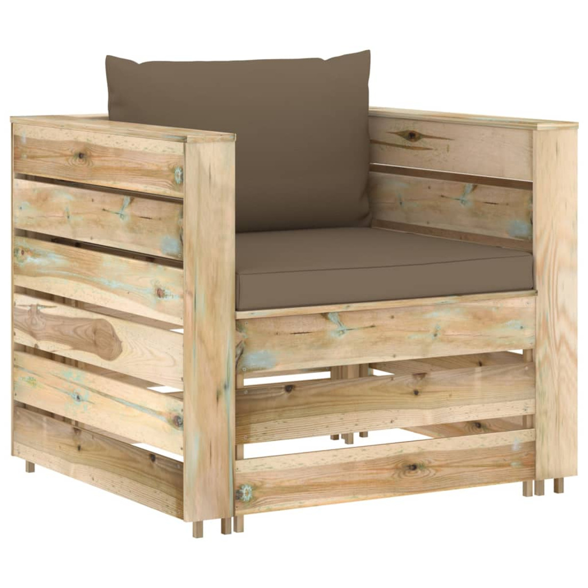 Sedia in pallet di legno con cuscino e cuscino marroni.