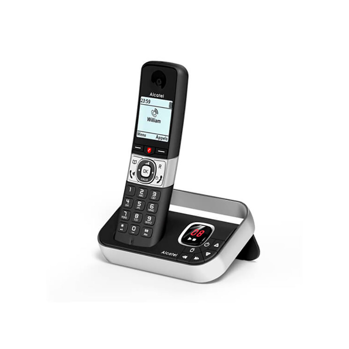 Teléfono inalámbrico Alcatel negro en una base. La pantalla muestra un nombre de contacto. Se ven botones con números y símbolos.