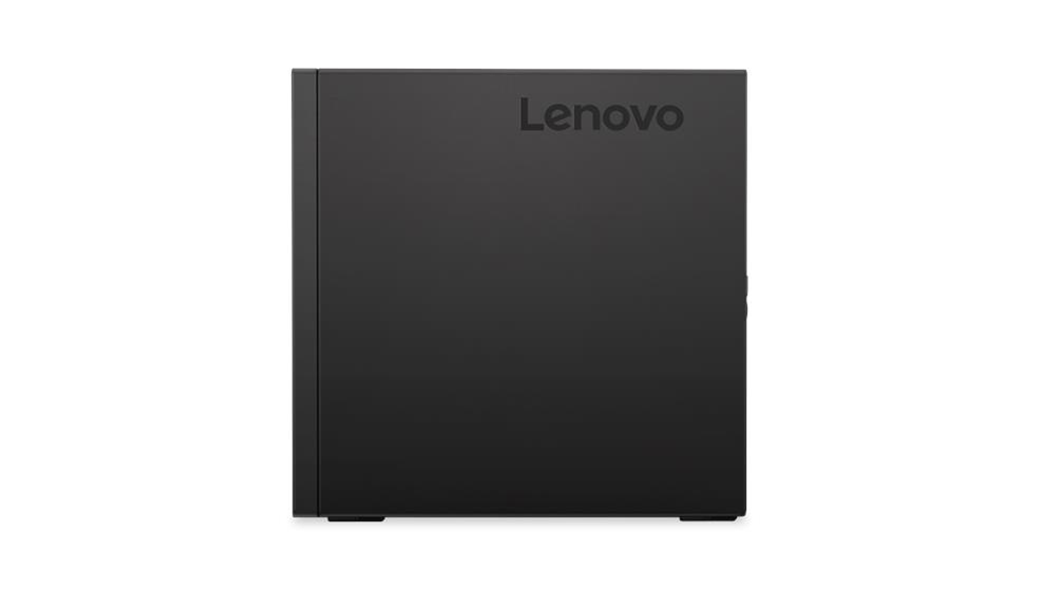 Schwarzer Lenovo Desktop-Computer. Das Lenovo-Logo ist sichtbar.