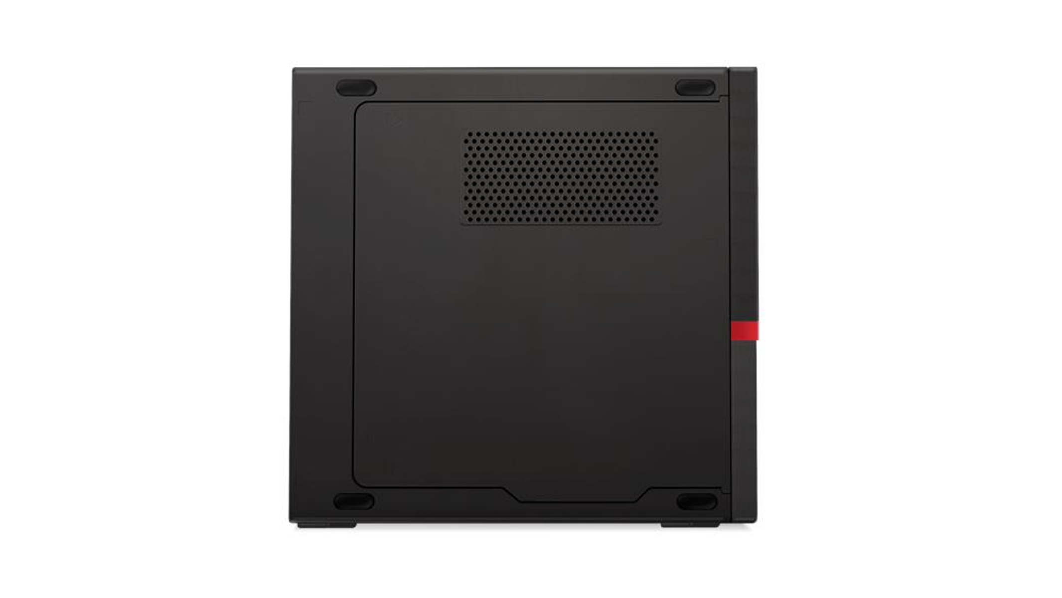 Schwarzer Desktop-Computer, Unteransicht. Zeigt Belüftung, Gummifüße und einen roten Akzent.