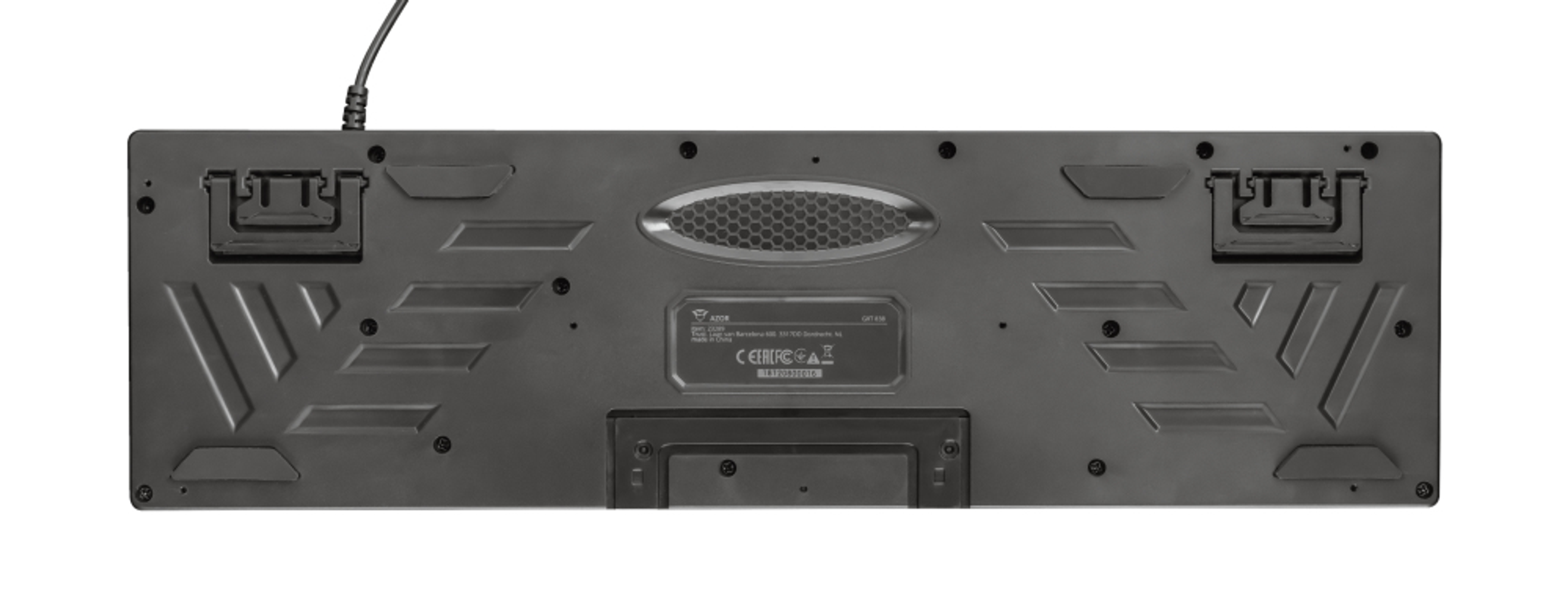 Spód czarnej klawiatury. Tył ma logo i tekst.